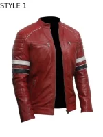 Mens Striped Red Cafe Racer Jacket