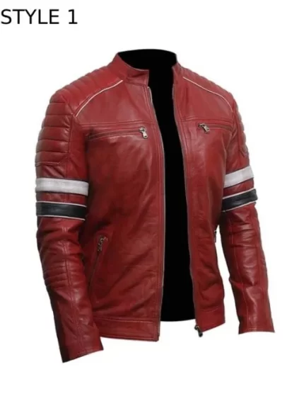 Mens Striped Red Cafe Racer Jacket