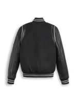 Black Varsity Bomber Leather Jacket With Stripes - Image 2