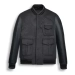 Black Wool Varsity Bomber Leather Jacket
