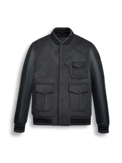 Black Wool Varsity Bomber Leather Jacket