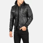 Bravado Black Leather Hooded Bomber Jacket - Image 2