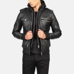 Bravado-Black-Leather-Hooded-Bomber-Jacket