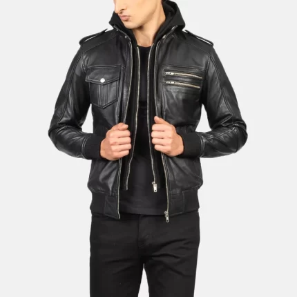 Bravado-Black-Leather-Hooded-Bomber-Jacket