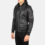 Bravado Black Leather Hooded Bomber Jacket - Image 6