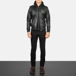 Bravado Black Leather Hooded Bomber Jacket - Image 5