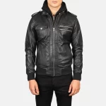 Bravado Black Leather Hooded Bomber Jacket - Image 4