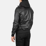 Bravado Black Leather Hooded Bomber Jacket - Image 3