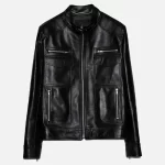 Men's Band Collar Biker Black Leather Jacket
